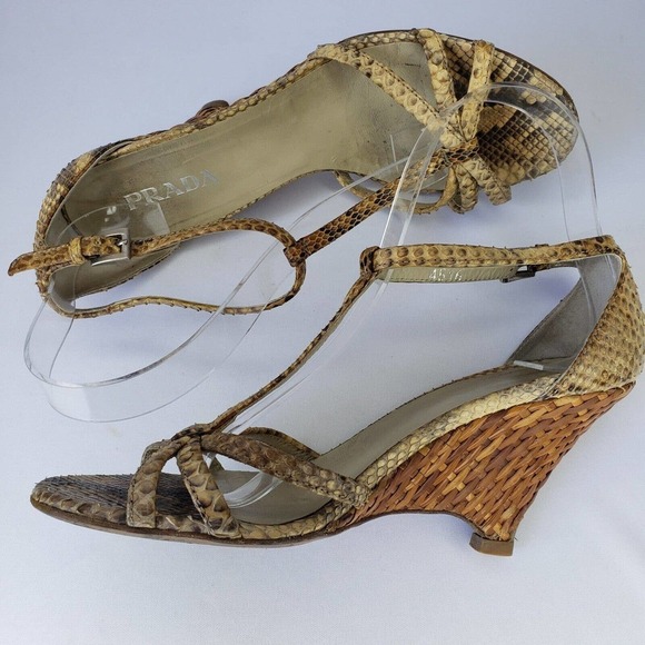 Prada Snake Leather Ankle Strap Woven Raffia Wedge Heel Sandals Size 36.5 Italy - Picture 16 of 16